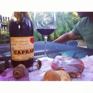 Sandwiches and a $9 bottle of Lambrusco for dinner with our dogs at our feet. Can't beat that! 